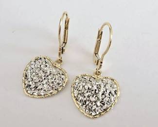 14K Yellow & White Gold Heart Dangle Earrings