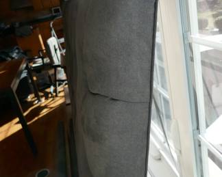 Room & Board king size bed, graphite grey chenille 84" wide, 55" tall headboard, 27" tall footboard