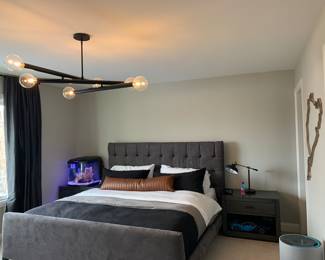 Room & Board king size bed, graphite grey chenille 84" wide, 55" tall headboard, 27" tall footboard