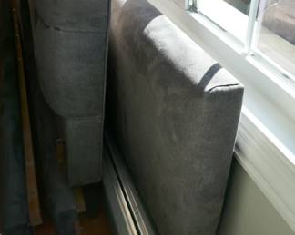 Room & Board king size bed, graphite grey chenille 84" wide, 55" tall headboard, 27" tall footboard