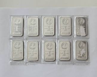Group of 10 - 1 Ounce .999 Fine Silver Bars in Sealed Sheet