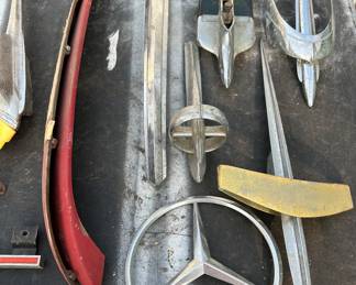 dash pad from Mercedes Benz, Mercedes Emblem, vintage 1946 Ford hood ornament,Mercury hood ornament, vintage Studebaker hood ornament