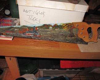 Hand Painted Hand saw. Train motif