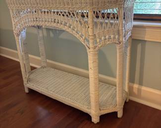 White Wicker Entry/Side Table
36”w 14.5”d 30.5”t.     $ 125.00