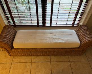 Tan Wicker Bench with Cushion
71.5”w 17.5”d 22”t.    