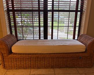 Tan Wicker Bench with Cushion
71.5”w 17.5”d 22”t.    