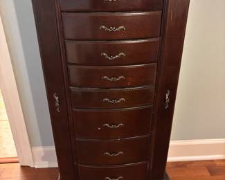 Large Jewelry Chest 8 drawers 2 side doors.  18.5”w 15.5”d 41”t.   $ 150.00