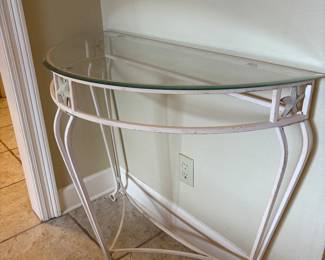 Metal Entry Glass Top Table 
36.25”w 17”d 32”t.             $125.00