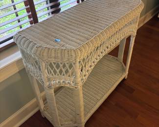 White Wicker Entry/Side Table
36”w 14.5”d 30.5”t.     $ 125.00