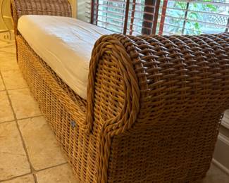 Tan Wicker Bench with Cushion
71.5”w 17.5”d 22”t.    