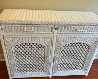 White Wicker Server cabinet/drawers
46.5”w 15.5”d 34.5”t.    $ 350.00