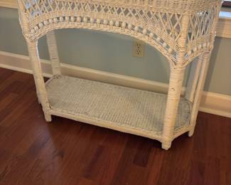 White Wicker Entry/Side Table
36”w 14.5”d 30.5”t.     $ 125.00