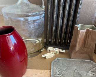 Antique glass jar, candle mold, Rosenthal Studios Linie ceramic vase, miniature bone domino sets, Scheurich mcm vase