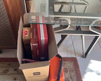 CIGAR BOXES, VINTAGE CAMERA ITEMS AND VIDEO EQUIPMENT, BEVELED GLASS TOP SIDE TABLES AND MATCHING COFFEE TABLE CIRCA 1990'S.