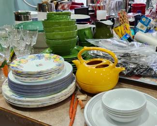 Pfaltzgraff Green Kamryn Dish Set, White Corelle Set,"Fruit Basket" Corelle Dish Set. 