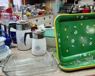 Vintage metal trays, Coffee perculators, Correlle dish sets. 