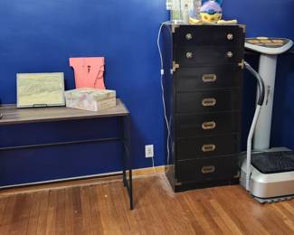 Fitness Vibe Excercise Machine, Modern Desk, Vintage Chest. 