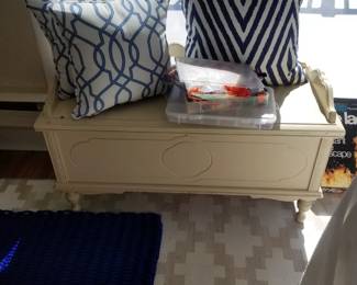Vintage cedar chest; accent pillows; craft supplies