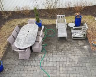 Teak dining table seats 8; teak patio conversation set