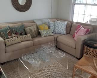 Nice neutral sectional sofa by West Elm; Lucite coffee table