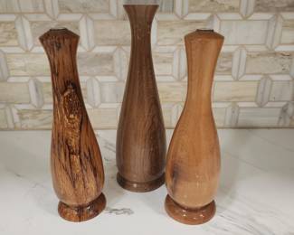 3 WOOD MID CENTURY VASES WITH GLASS TUBES