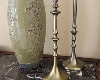 Brass Candlesticks and Ceramic Vase