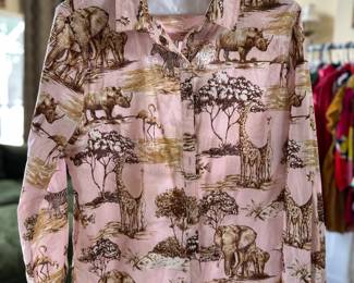 J. McLaughlin Pink & Brown Safari Long Sleeve Button Down Blouse Size XL