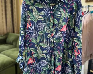 J. McLaughlin Flamingo Palm Long Sleeve Button Down Blouse Size XL