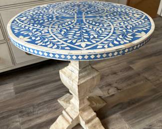Blue Stone Inlay Natural Wood Pedestal Table