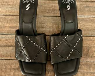 Sarto Black Leather Heel Sandals - Size 9