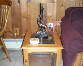 Oak and glass display end table - Deer lamp - decor