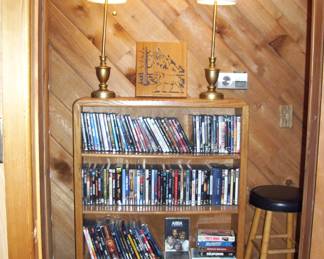 Wood bookcase - DVD's  - VHS - wood deer clock - pair pull chain lamps