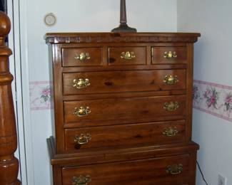 Matching  Colonial Pine High boy dresser - pull chain slag lamp
