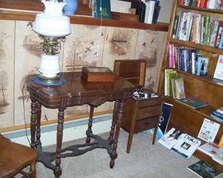 Antique lamp - antique table - vtg. sewing dresser