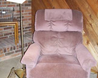 Mauve Beige Recliner - vintage brass floor lamp w/glass shade - mag rack