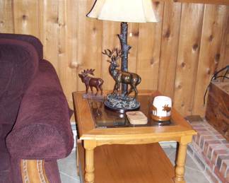 Oak and glass end table - deer lamp - decor