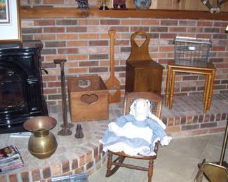 Vtg. brass spittoon - vtg. childs cane rocker - vtg. cobblers shoe stand - homemade bunny - etc