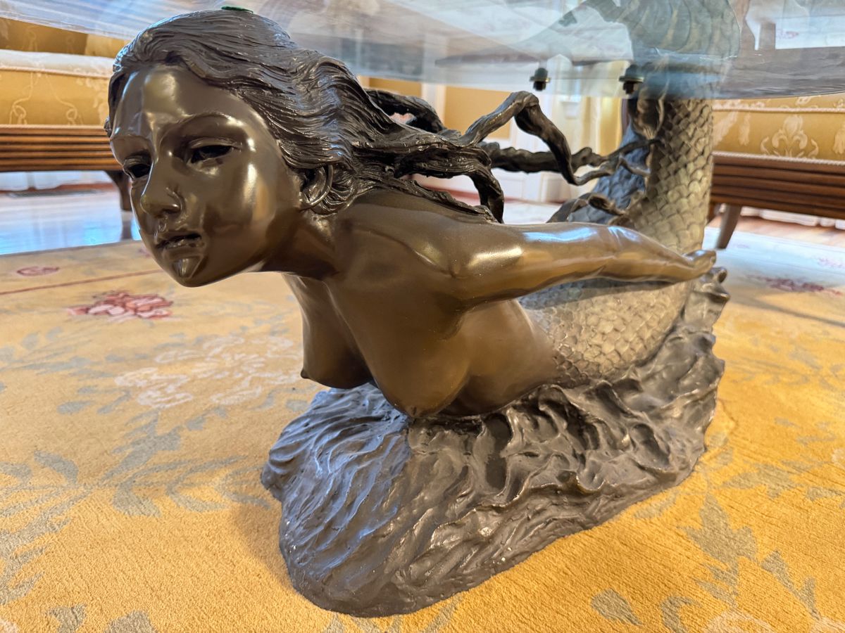 Auguste Moreau Style Bronze Mermaid Oval Glass Top Coffee Table (68"W x 30"W x 25"H)
