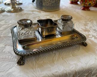 Vintage Silverplate & Crystal Inkwell