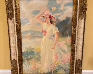 Framed Original Oil on Canvas Floral Landscape Girl Signed L. Sharon (35"W x 48"H)