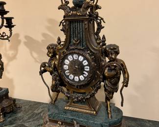 Imperial Style Franz Hormel Brevettato Figural Mantle Clock & Brevettato Bronze and Marble 7 Arm Candelabras (2 Total)