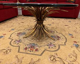 Sheaf of Wheat Glass Top Coffee Table (Top - 36"D x 18-1/2"H) & Machine Made Floral Motif Area Rug (96"W x 134"L)