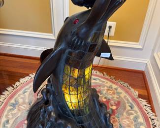 Large Illuminating Tiffany Style Bronze Floor Lamp of Mermaid Kissing a Dolphin (80"H x 28" Shade Diameter)