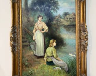 Framed Original Oil on Canvas Reproduction of “Feeding the ducks, a summer day by the river” by Henry John Yeend King Signed Richard Moore (44"H x 32"W)