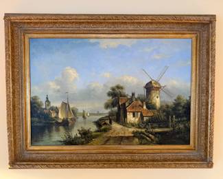 Framed Original Oil on Canvas Reproduction of "Dutch River Landscape" by June Van Cleef Signed Jackson (46"W x 34"H)