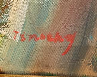 Framed Original Oil on Canvas Abstract Cubist Street Scene Signed Tinothy