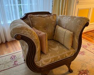 Empire Style Upholstered Floral Motif Armchair (32"D x 42"W x 38-1/2" Back Height) 