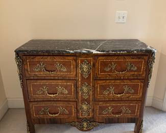 Louis XVI Reproduction 6 Drawer with Marble Top Commode (47"W x 19"D x 36"H)