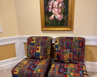 England by Lay-Z-Boy Red Multicolored Cube Pattern Upholstered Armless Chairs (28"W x 36"D x 36" Back Height | 2 available) & Framed Original Oil on Canvas Floral Still Life Unsigned (33"W x 45"H)