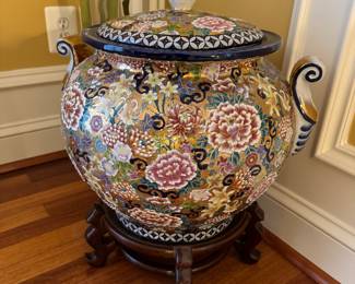 Ansan Round Ceramic Floral Jar with Lid & Stand